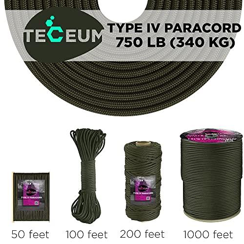 TECEUM Paracord Type IV 750 lb 50 ft 4mm 100% Nylon MIL–SPEC Cord