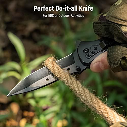  KEXMO Pocket Knife for Men - 3.46 Sharp Blade Wood Handle  Pocket Folding Knives with Clip, Glass Breaker - EDC Knives for Survival  Camping Fishing Hiking Hunting Gift Women, Black 