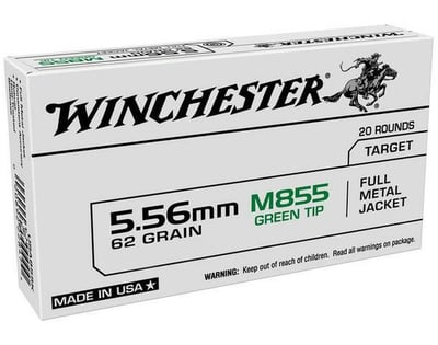 Winchester M855 5.56 62GR Green Tip Full Metal Jacket 20 Rounds - $9.29 