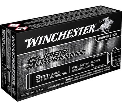 Winchester Super Supressed 9mm 147 GR FMJ 50 Rounds - $18.59