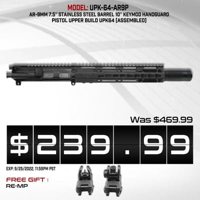 AR-9mm 7.5'' Stainless Steel Barrel 10'' Keymod Handguard Pistol Upper Build UPK64 [ASSEMBLED] - $239.99  (Free Shipping)