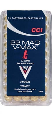 CCI Varmint V-Max V-Max Polymer Tip 22 Magnum / 22 WMR Ammo 50 Round Box - Brass Casing - $11.99