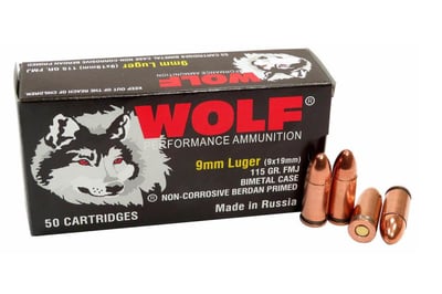 Wolf Ammo 9mm 115 gr FMJ Bimetal Steel Performance 50 Rnd - $9.99