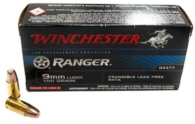 Winchester Ranger 9mm Luger 100 Grain Frangible RHTA Lead Free 50 Rounds - $260 (Free S/H)