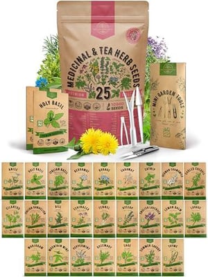 Organo Republic 25 Medicinal & Tea Herb Seeds Variety Pack for Indoor & Outdoors. 10900+ Non-GMO Heirloom Garden Seeds: Anise, Borage, Cilantro, Chamomile, Dandelion, Rosemary, Peppermint Seeds - $17.24 + FREE Shipping