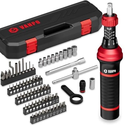VANPO Torque Screwdriver Set, 10–60 in-lb, 64 Pcs 1/4" Drive Torque Wrench Screwdriver Kit with T-Bar & Flat, Hex, Torx, and S2 Bits for Scope, Electronics Assembly & Micro Device Repair - $33.87 + FREE Shipping