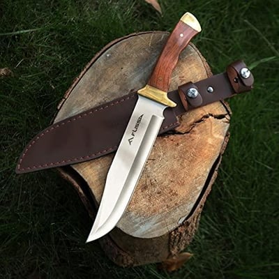 FLISSA 14-inch Bowie Knife, Full-tang Fixed Blade with Wood Handle, Hunting Knife with Leather Sheath for Outdoor Survival, Camping, Hiking - $16.99 + FREE Shipping