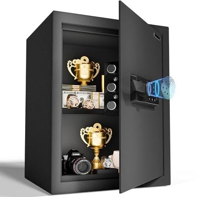 Mutak 2.0 Cub Biometric Safe Box with Fireproof Bag, Quick-Access Fingerprint with Keys, Digital Keyboard, Type-C Port, Dual Alarm System Safety Box for Home, Office, Hotel Use(Black) - $80.74 + FREE Shipping