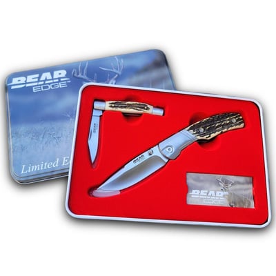 Bear & Son Limited Edition Gift Tin Two Folding Knife Combo Set Stag Delrin - $15.99 