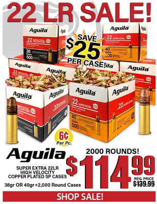 Aguila Super Extra 22 Long Rifle High Velocity 40 Grain Copper Plated Solid Point 2000 Round Case - $114.99