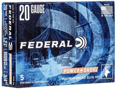 Federal Power-Shok 20 Gauge Hollow Point Rifled Slug 2-3/4" 3/4oz - $182.65 (Free Shipping on $100+ Orders)