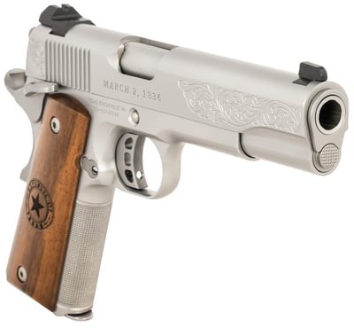SDS Imports 1911 Republic Of Texas 45 ACP 8+1 5" Stainless Steel Barrel, Stainless Steel w/Floral Engraving & Serrations Slide, Steel Frame w/25 LPI Checkering & Frame Grade 3 Walnut w/Engraved Texas Seal Grips - $849.99 