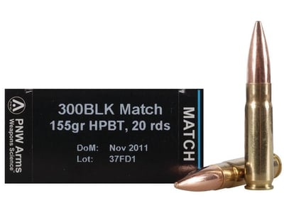 PNW Arms Match Ammunition 300 AAC Blackout 155 Grain Custom Competition Hollow Point Boat Tail Box of 20 - $21.75