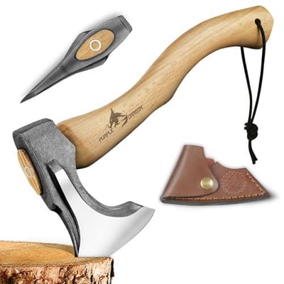 Purple Dragon Camping Hatchet 14.7 Inch Hand Forged Splitting Axe - Outdoor Wood Splitting Chopping & Carving Tool with Leather Sheath Bushcraft Survival Wooden - $39.99 + FREE Shipping