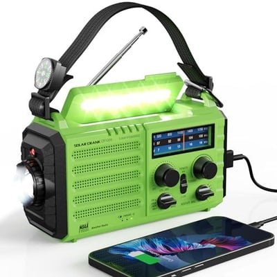 Raynic Weather Radio, 5000mAh/18500mWh Solar Hand Crank Emergency Radio, Battery Powered AM/FM/SW/NOAA Weather Alert Radio with Flashlight, Cell Phone Charger and SOS Siren for Power Outages (Green) - $28.79 + FREE Shipping
