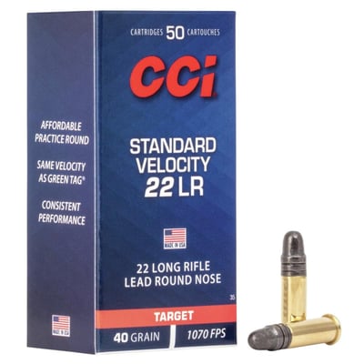 CCI Standard Velocity Rimfire Ammuntion .22 LR 40 gr LRN 1070 fps 50/ct - $3.49 