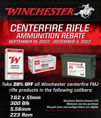 Winchester Centerfire Rifle Ammunition Rebate - Up to $75 Rebate on FMJ Rifle Ammo