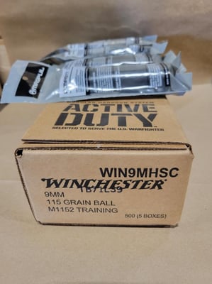 Winchester Active Duty 9mm 115 Gr FMJ M1152 500 Round Case w/ (5) Magpul PMAG Glock 17 9mm 17Rd Mags - $195