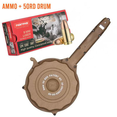 Ammo Bundle 50rds Drum (Tan) - Fits Glock 9mm + Norma Brass Case 9mm 124 Grain FMJ - $56.65 after code "PATRIOT" 