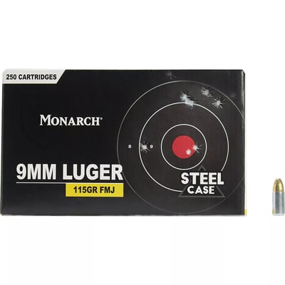 Monarch 9mm Luger 115-Grain FMJ Centerfire Steel Ammunition - 250 Rounds - $49.99 (Free S/H over $25, $8 Flat Rate on Ammo or Free store pickup)
