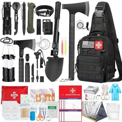 15% OFF Survival Kit, 262Pcs Survival Gear and Supplies with First Aid Kit Pouch and Crossbody Bag, Emergency Kit with Tent, Camping Axe Hammer, Survival Shovel w/Pick, Bug Out Bag Gifts for Men Women - $42.49 + FREE Shipping