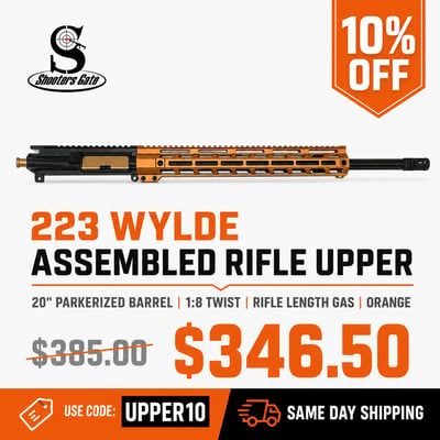 AR-15 .223 Wylde Assembled Rifle Upper, 20" Parkerized Barrel 1 8 Twist, Rifle length gas, Orange - $346.5(CODE:UPPER10) 