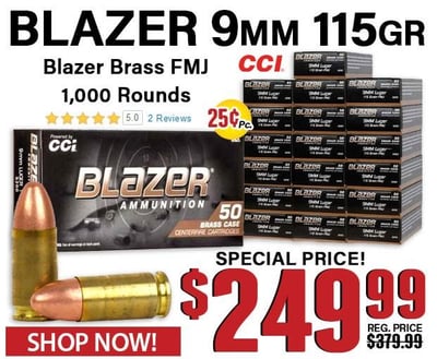 Blazer Brass 9mm Luger 115 Grain Full Metal Jacket 1000 Rounds - $249.99 
