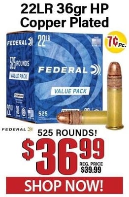 Federal Champion Copper Plated Hollow Point 22 LR 36 Grain High Velocity 525 Rounds - $36.99