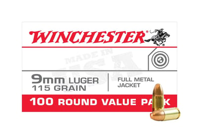Winchester USA 9mm Luger 115 Grain Handgun Ammunition - 1000 round case - $229.95