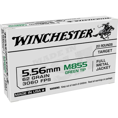 Winchester USA Lake City M855 Green Tip Rifle Ammunition 5.56mm 62 gr. FMJ 3060 fps 20/ct - $10.99 