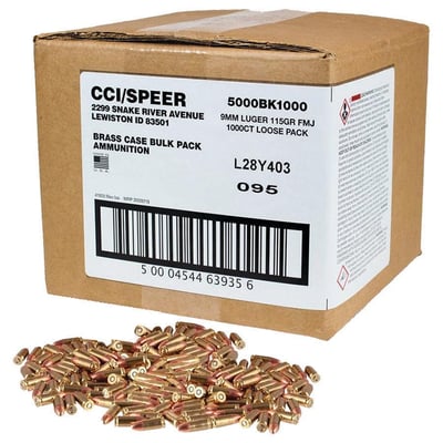CCI Ammunition Blazer Brass 9mm 115-Grain 1000-Rounds FMJ Bulk Case - $265.99 ($19.99 S/H on Firearms / $15.99 Flat Rate S/H on ammo)