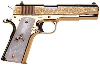 SALE Cnc Firearms CNCELRANCH Colt 1911 El Ranchero 38 Super 7+1 5" Stainless Steel Barrel 24K Gold Plated Serrated With Engraved Scrollwork Slide 24K Gold Plated Steel Frame Mother of Pearl Grip - $2689.44