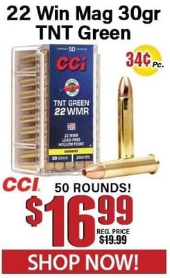 CCI 22 Winchester Magnum 30 Grain TNT Green 50 Rounds - $16.99