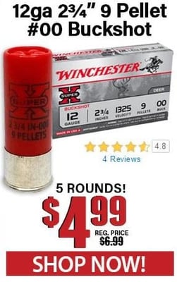 Winchester Super-X 12 Gauge 2-3/4" 9 Pellet #00 Buckshot 5 Rounds - $4.99