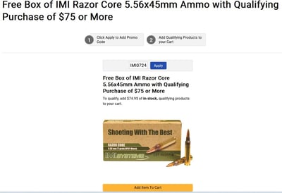 Free Box of IMI Razor Core 5.56x45mm Ammo with Qualifying Purchase of $75 or More w/code "IMI0724" @ MidwayUSA