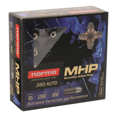 Norma Extreme Terminal Performance .380 ACP MHP 85 Grain 20 Rounds - $11.39 (Buyer’s Club price shown - all club orders over $49 ship FREE)