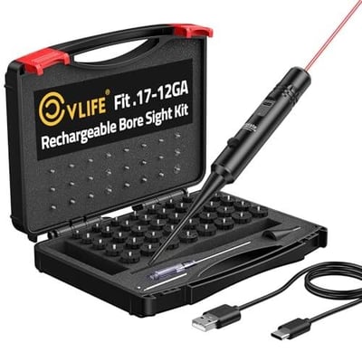 50% off CVLIFE Rechargeable Bore Sight Laser Kit with 64 Adapters fit 0.17 to 12GA Calibers, Professional Red/Green Laser Bore Sight with Button Switch, Powerful Choice for Hunting Bore Sight Tool w/code 7OX9IEOY - $18 + FREE Shipping