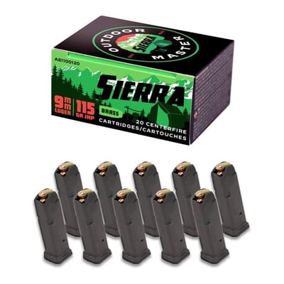 Sierra Outdoor Master 115Gr JHP 200rds & 10 Magpul PMAG GL9 Glock G19 9mm 15rd Mags - $159.99 