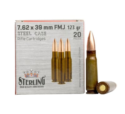 Sterling Steel Cased 7.62x39 123gr FMJ 20rd Box - $10.99 (S/H $19.99 Firearms, $9.99 Accessories)