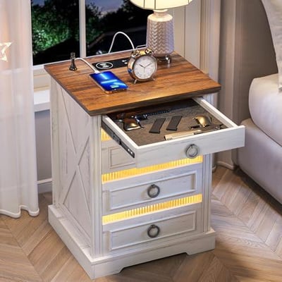 Farmhouse Night Stand with Gun Drawer, Bedside Table with Charger Station, LED Nightstand with Human Sensor Light, Antique White - $94.99 + $9.99 Shipping
