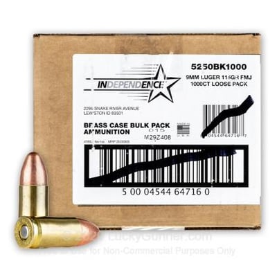 Independence Bulk Pack 9mm 115 Grain FMJ 1000 Rounds - $305