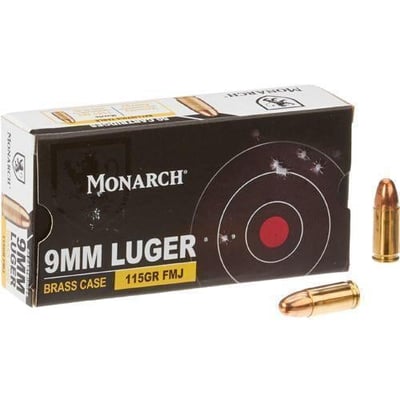 Monarch FMJ 9 mm Luger 115-Grain 50 rd Brass - $12.34 (after 5% discount when using your Academy Credit Card) (Free S/H over $25, $8 Flat Rate on Ammo or Free store pickup)