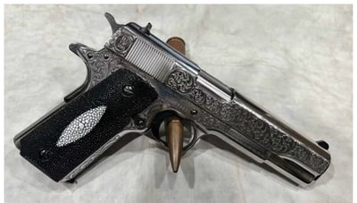 COLLECTIBLE 1 OF 300 MADE, CNCTUX38 Colt 1911 Tuxedo 38 Super 9+1 5" Stainless Steel Barrel, High Polished w/Black DLC Engraving Stainless Steel Serrated Slide & Frame, Stingray Grip - $2299