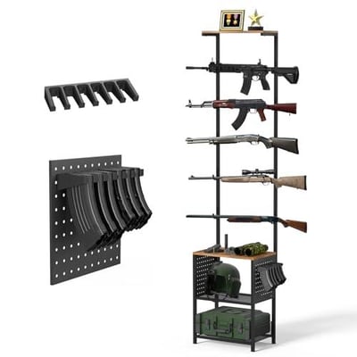 Essenhome Extra-Large Gun Rack, 82.7"x18.9"x12.6"Large Wall Mount Rifle Stand with Pegboard Side Panels, Avoid Bumps Gun Rack for Wall for 5 Rifles, Includes Magazine Holder & Anti-Scratch Padding - $39.99 + FREE Shipping