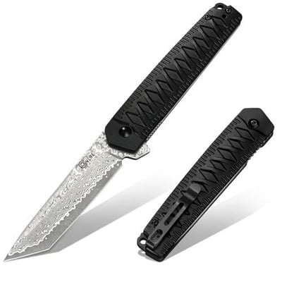 40% off CVLIFE Damascus Pocket Knife with Clip, Tanto Sharp Camping Knives, Black 67-Layers Damascus Steel, VG10 Steel Core, 58-60HRC, Anti-Slip Ergonomic Textured Handle, Ceramic Ball-Bearing w/code XKF2YFI9 + FREE Shipping