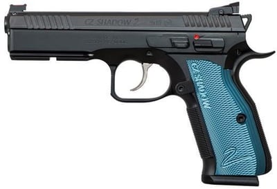 CZ 75 Shadow 2 Blue (Competition), Black Polycoat Finish, Checkered Blue Aluminum Grip, 17Rd - $1131.01 