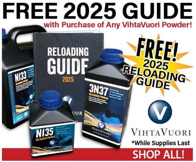 Free 2025 Reloading Guide w/Purchase of Any VihtaVuori Powder @ Midsouth Shooters Supply