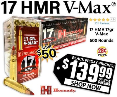 Hornady Varmint Express 17 HMR 17 Grain V-Max 500 Round Brick - $139.99