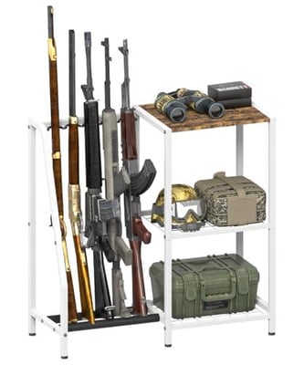Mondazie Single-Side Gun Rack Stand, Vertical Rifle Display Holder with Gun Storage Solutions Shelf, Floor Shotgun Organizer Racks with Padding for Home Garage, Hold up to 5 Long Guns, White - $30.49 + FREE Shipping