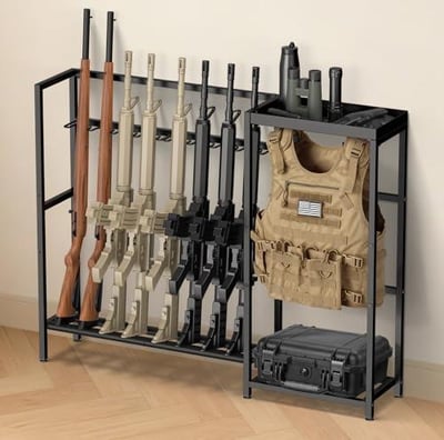 25% off CVLIFE Gun Rack Stand, Vertical Rifle Rack Floor Stand with Tactical Gear Rack, Indoor Rifle Display Stand Holder for Rifle/Shotgun, Holds up 8 Long Guns for Home Garage Shop Storage w/code 2LVSEVSN - $47.99 + FREE Shipping